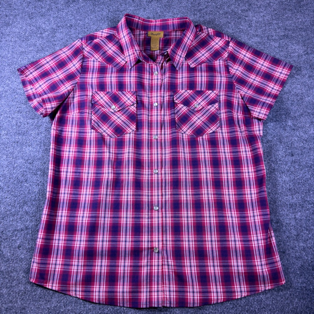 Wrangler Womens XL Western Pearl Snap Shirt Pink Purple Plaid Short Sleeve Top